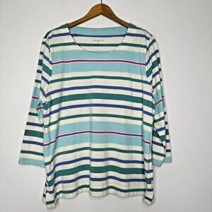 Talbots Striped Cotton Top Size XL Cream Blue 3/4 Sleeve